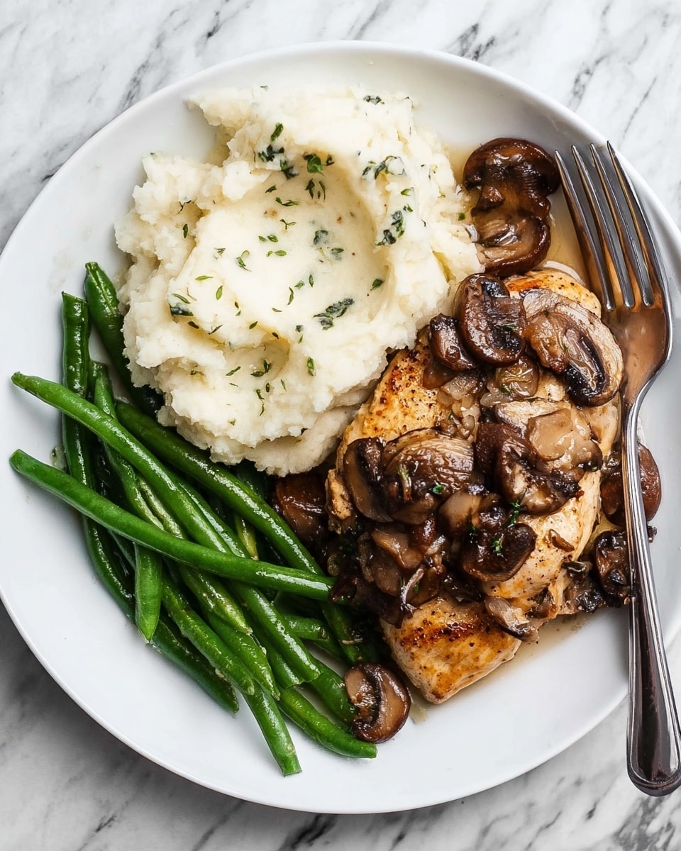 On a round white plate, the dish shows three main parts: on the left side, there is a generous scoop of white mashed potatoes with small green herb pieces spread throughout, showing a smooth, creamy texture; below and slightly overlapping the mashed potatoes, there is a portion of fresh green beans that are bright green and firm; on the right side of the plate, there is a cooked piece of light brown chicken topped and surrounded by several cooked dark brown mushrooms with a shiny, slightly oily surface. The plate is placed on a white marbled surface next to a silver fork. Photo taken with an iphone --ar 4:5 --v 7