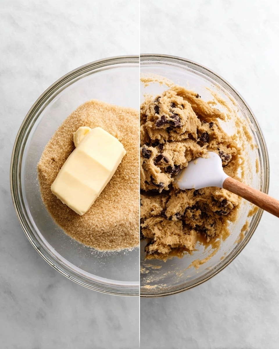 The image shows two clear glass bowls placed side by side on a white marbled surface. The left bowl contains a block of creamy butter partially covered with a mound of light brown sugar, with the sugar granules visible as small crystals. The right bowl has a thick, mixed cookie dough that is light brown in color with dark chocolate chips scattered throughout; a white spatula with a wooden handle is partially inserted into the dough, stirring it. The texture of the dough is rough and dense, with some smears on the side of the bowl. Photo taken with an iphone --ar 4:5 --v 7