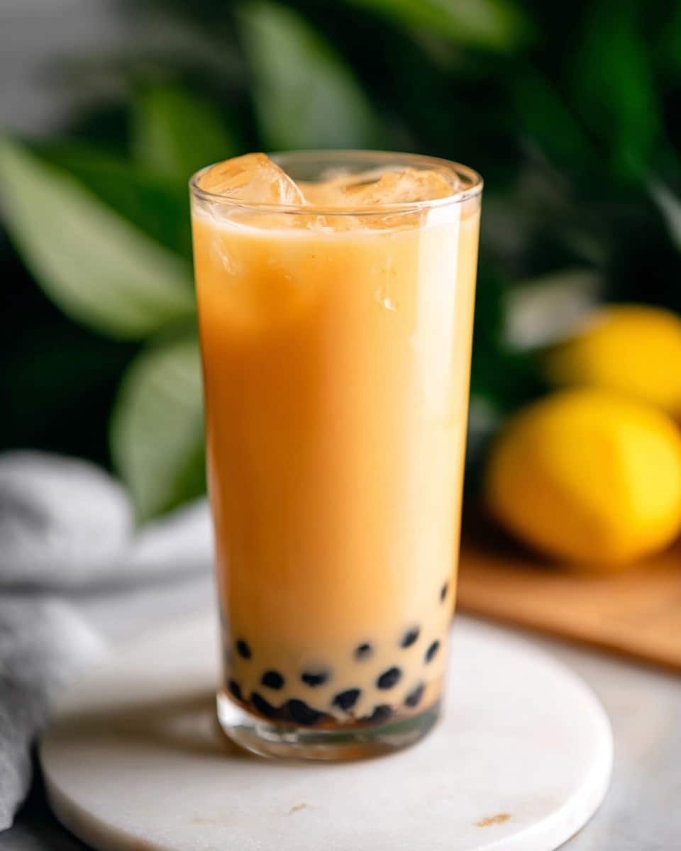 A tall clear glass filled with a light orange creamy liquid with ice cubes visible near the top layer. At the bottom layer inside the glass, there are small black round tapioca pearls clustered together. The glass is sitting on a round white marble textured surface. In the background, blurred green leaves and parts of yellow fruits are visible, adding a fresh touch to the scene. Photo taken with an iphone --ar 4:5 --v 7