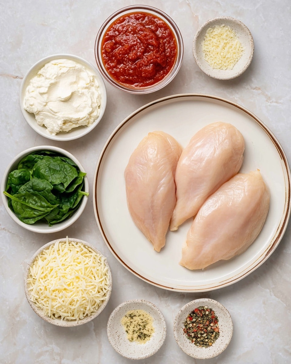 Three raw chicken pieces are placed side by side on a white plate with a thin brown rim, showing their smooth, pale pink surface. Around the plate, six small bowls hold different ingredients: a creamy white bowl with thick white ricotta cheese, a white bowl with finely shredded pale yellow cheese, a white bowl with fresh chopped green spinach leaves, a clear glass container with bright red marinara sauce, a tiny white bowl filled with light yellow minced garlic, and a speckled white plate holding a mix of black pepper, red chili flakes, dried herbs, and salt. All items sit on a white marbled surface, arranged neatly in a flat lay style. photo taken with an iphone --ar 4:5 --v 7