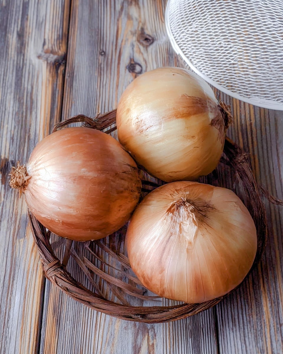 The image shows three whole onions with smooth, light brown skins placed on a wood-textured surface along with part of a white plastic round basket on the top right side. Each onion has a papery outer layer with some natural wrinkles and small dry root ends. The wood background has a variety of shades from light tan to dark brown with visible grain and knots, creating a natural and rustic look photo taken with an iphone --ar 4:5 --v 7