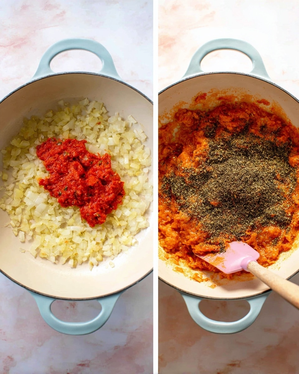 Two side-by-side images show the cooking process in a white pan with light blue handles on a white marbled surface. The left image shows finely chopped onions forming a pale yellow layer covering most of the pan, with a small mound of bright red tomato paste at the center. The right image shows the onions now mixed with the tomato paste, creating an orange-red layer that fills the pan base. A thick layer of dark green dried herbs and black pepper is spread on top, with a pink spatula stirring the mixture on the right side of the pan. Photo taken with an iphone --ar 4:5 --v 7