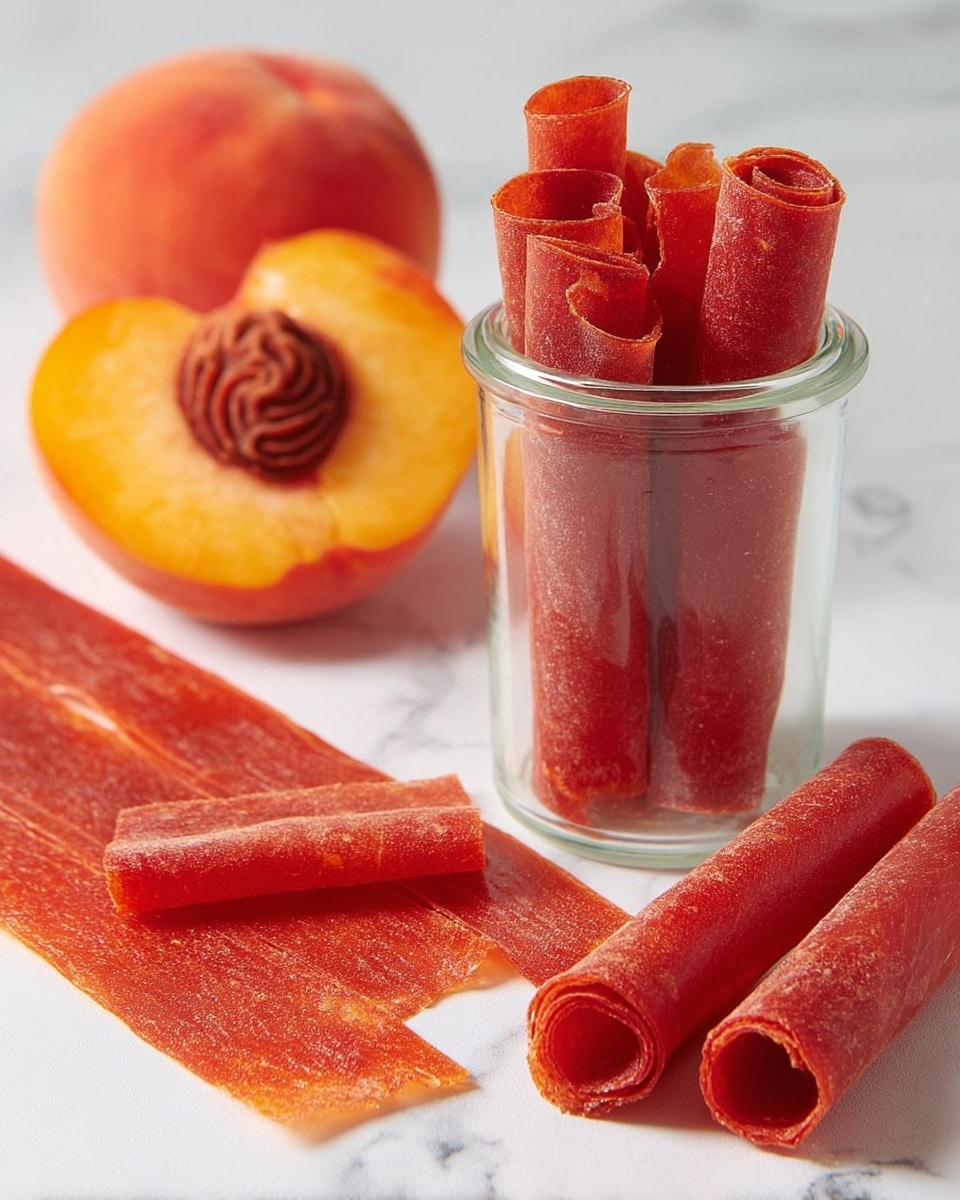 The image shows several rolled fruit leather strips in a clear glass jar placed on a white marbled surface. The fruit leather is a deep reddish-orange color with a smooth, slightly glossy texture. One rolled strip stands upright outside the jar, while another lies flat with a partially unrolled end revealing its thin, flexible sheet form. Behind the jar, there is a long, flat strip of the fruit leather laid out on the surface. Two halves of a fresh peach with detailed orange-yellow flesh and dark brown pits are positioned in the background, adding a natural, fresh element to the scene. Photo taken with an iphone --ar 4:5 --v 7