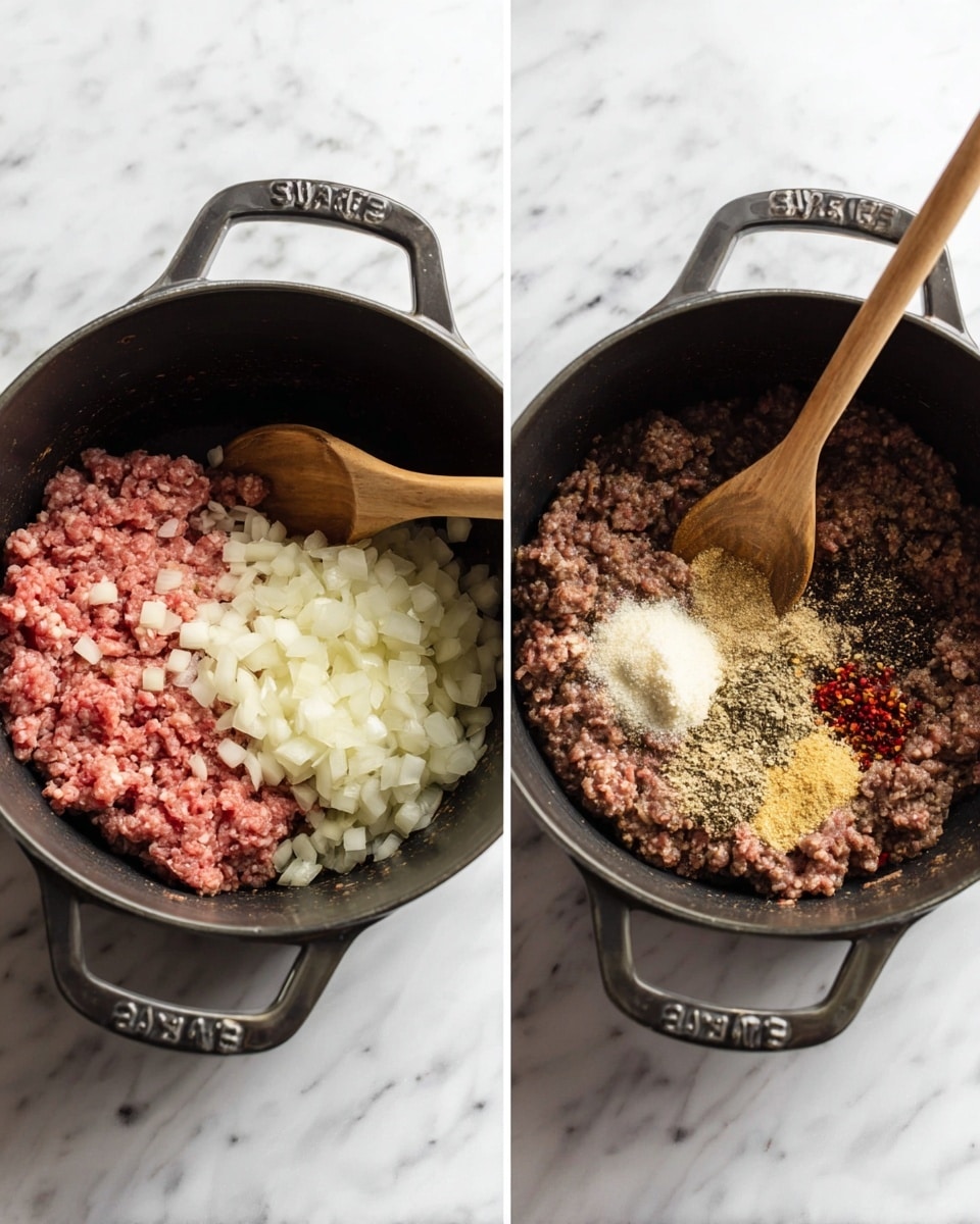 The image shows two black cooking pots on a white marbled surface. In the left pot, there is a layer of raw, light pink ground meat at the bottom, with a thick layer of small white chopped onions on top, partially covering the meat. In the right pot, the cooked ground meat has turned brown and is spread evenly. There are several small piles of seasonings on top, including light brown sugar, black pepper, red chili flakes, and minced light yellow garlic. A wooden spoon with a medium brown color is resting inside the pot, partially covering the meat and spices. The pots have handles on each side. photo taken with an iphone --ar 4:5 --v 7