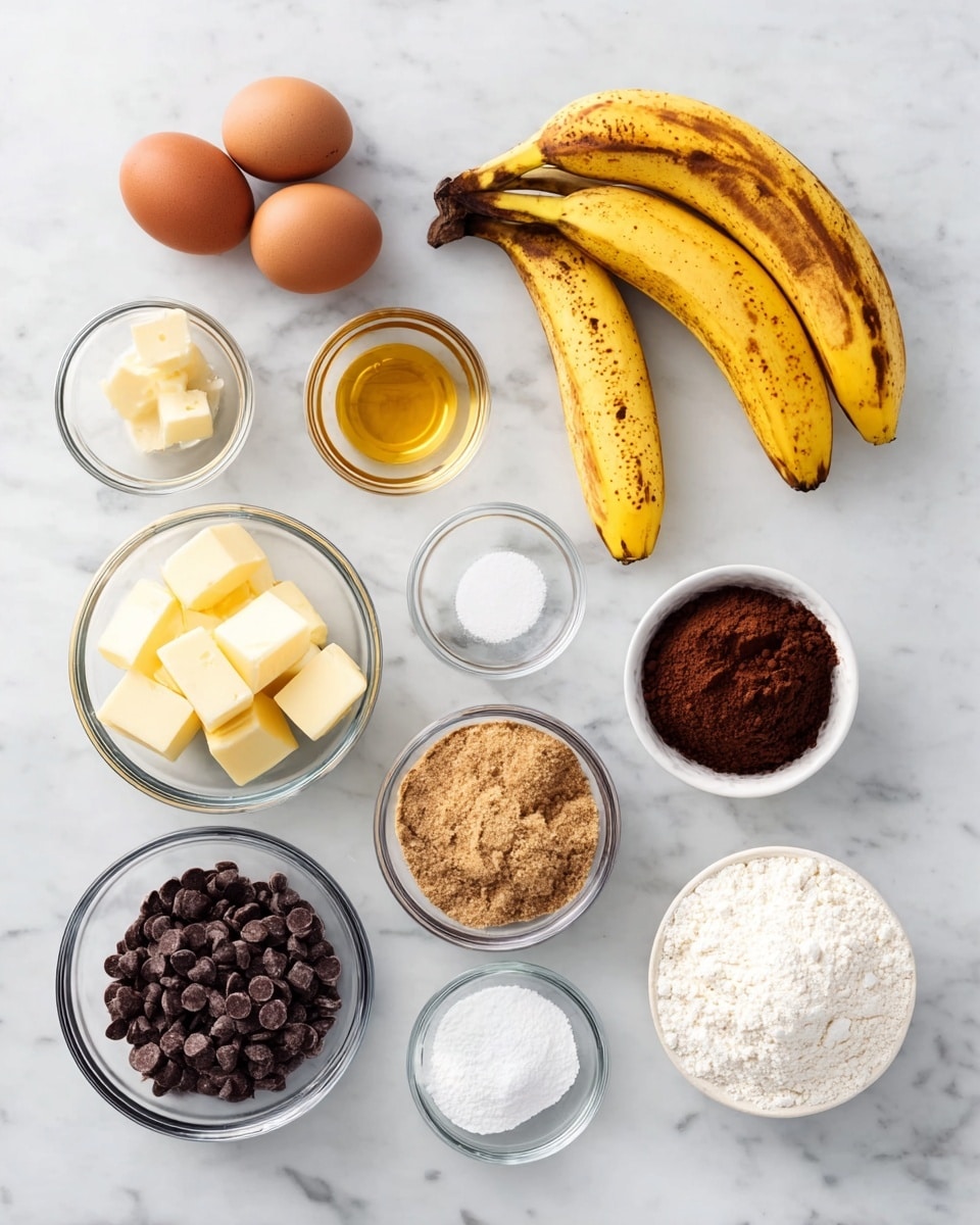 A white marbled surface holds several clear glass bowls and white bowls arranged neatly. From top to bottom, there are three brown eggs, a small bowl of golden liquid, a bowl filled with white sugar, two yellow bananas with brown spots, a bowl of light yellow butter cubes, a bowl of dark brown cocoa powder, a bowl of light brown sugar, a bowl of white flour, a white bowl filled with small dark chocolate chips, and a small bowl containing white baking powder. All items are evenly spaced and clearly visible. photo taken with an iphone --ar 4:5 --v 7