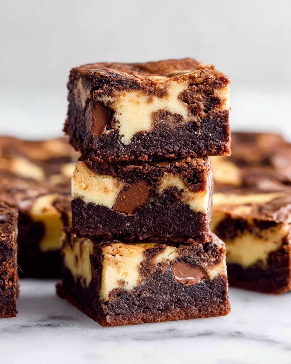 The image shows several square brownies stacked in two layers, with the top brownie standing upright. Each brownie has two main layers: a dark brown chocolate layer at the top and bottom, mixed with lighter tan swirls of cheesecake batter. The texture of the chocolate layers looks soft and dense, with some visible chunks of chocolate inside, while the cheesecake part is creamy and smooth. The brownies are placed directly on a white marbled surface. Photo taken with an iphone --ar 4:5 --v 7