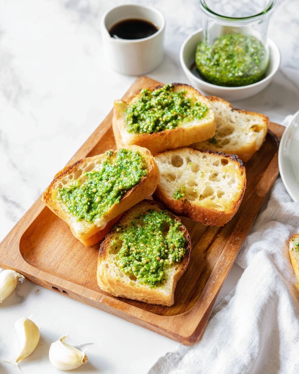 Five pieces of toasted bread with a light golden brown crust and soft, airy inside are placed on a wooden tray. Two slices are topped with a bright green pesto spread that has a coarse texture with visible bits of herbs and nuts. Around the tray, there are peeled garlic cloves and a small white jug with dark liquid. In the background, a clear glass jar and a small white bowl hold more of the green pesto. The setting is on a white marbled surface with a white cloth nearby. Photo taken with an iphone --ar 4:5 --v 7
