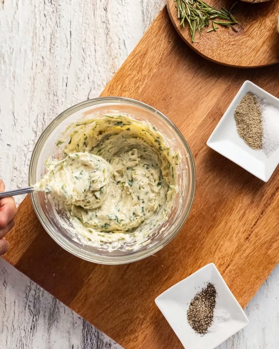 A clear glass bowl sits on a wooden surface, containing a creamy, thick mixture with green herb bits spread throughout. To the upper right of the bowl, there is a small white square dish holding two piles of seasoning: one of coarse salt and one of ground black pepper. At the top left corner, a wooden board holds some ingredients partly visible. A woman's hand is holding a spoon taking some of the creamy mixture. The background surface is a white marbled texture. Photo taken with an iphone --ar 4:5 --v 7