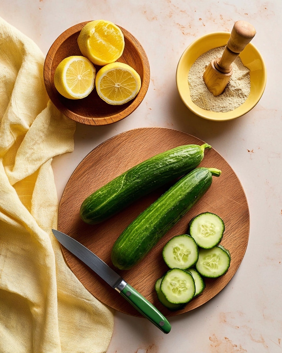 The image shows a wooden round board holding two long green cucumbers and several cucumber slices arranged in a small pile at the bottom right, next to a knife with a green handle lying on the board. Above the board is a small yellow bowl filled with a light beige powder. To the left of the bowl, another small wooden bowl contains two lemon halves with bright yellow skin. A wooden lemon juicer rests on the edge of the bowl with the lemon halves. The setup is placed on a white marbled surface with a light yellow cloth draped in the bottom left corner. photo taken with an iphone --ar 4:5 --v 7