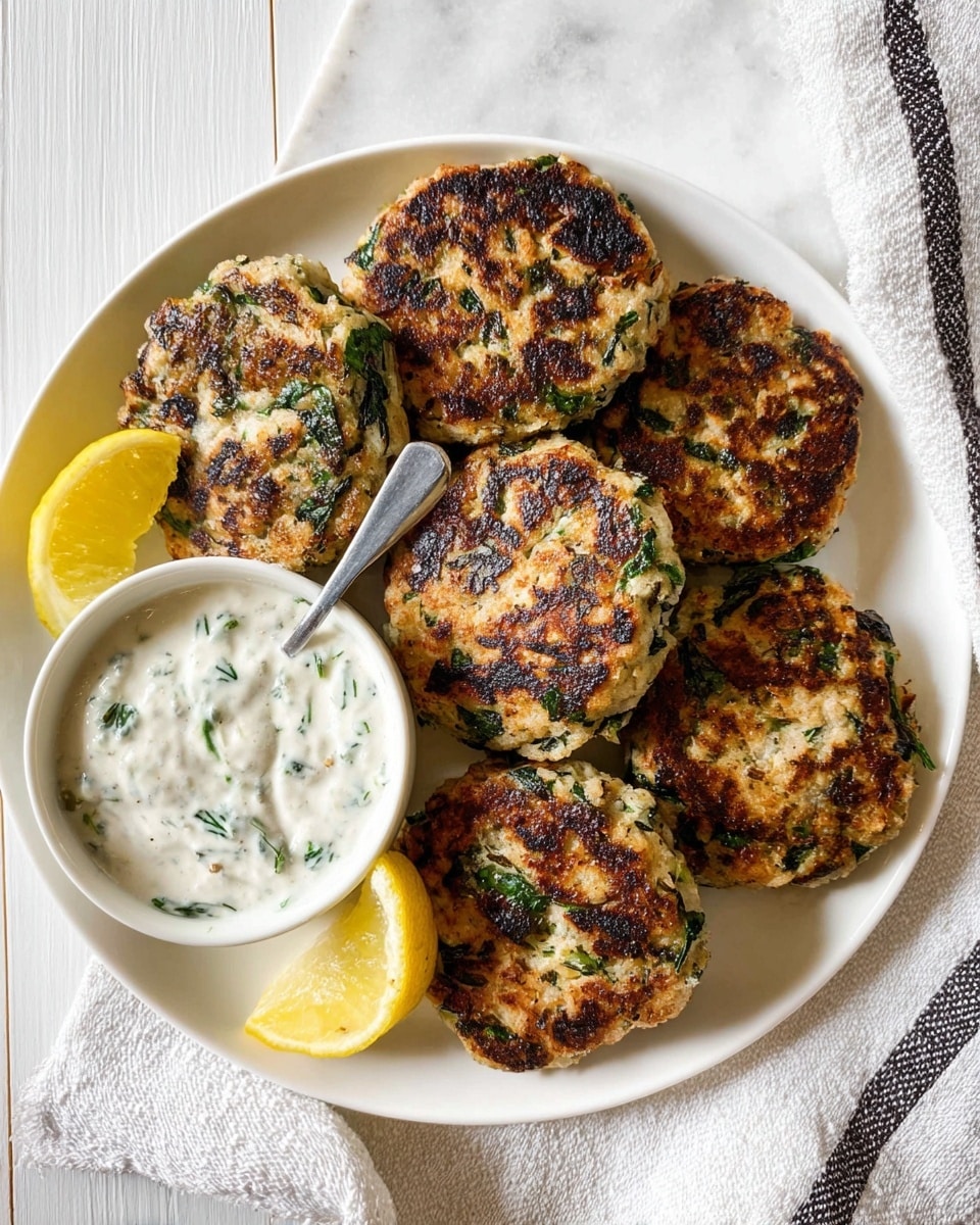 A white plate holds seven uneven round patties with a golden brown crust and visible dark green herbs cooked into the surface, layered slightly overlapping each other. To the side of the patties, there is a white bowl filled with a creamy white sauce speckled with small green herb bits, with a metal spoon resting inside. A lemon wedge, bright yellow with a juicy texture, is placed near the edge of the plate. The plate is on a white marbled surface with a white towel with black stripes partly showing on the top right corner. photo taken with an iphone --ar 4:5 --v 7