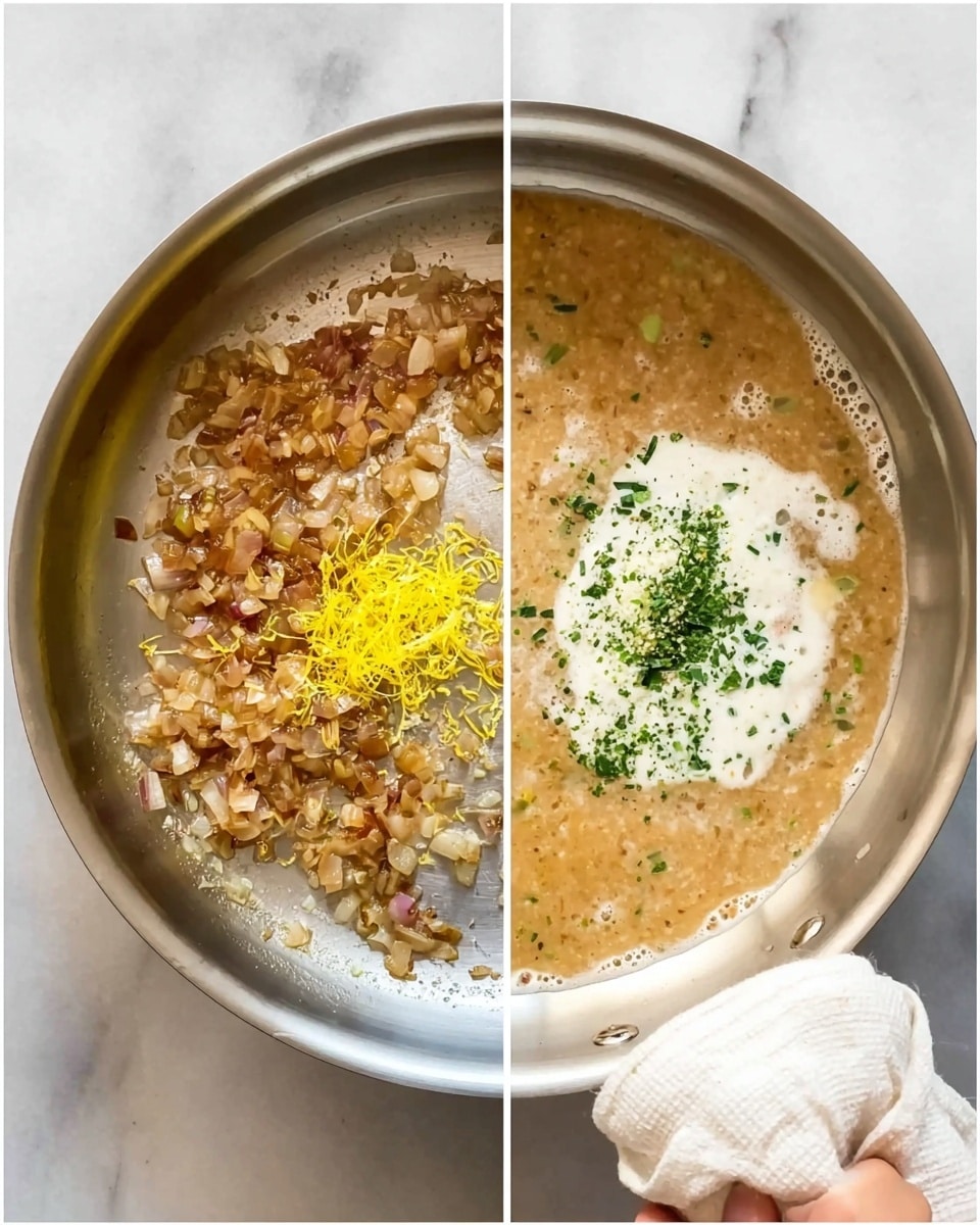 The image shows two close-up views of a cooking pan on a white marbled surface. On the left side, there is a layer of sautéed small brown onion pieces spread unevenly across the shiny silver pan bottom, with a small pile of bright yellow lemon zest placed in the center. On the right side, the same pan now contains a thicker light brown mixture with a dollop of white creamy sauce on top, sprinkled with finely chopped fresh green herbs. A woman's hand with a white cloth is positioned near the bottom right edge of the pan, gently holding it. photo taken with an iphone --ar 4:5 --v 7