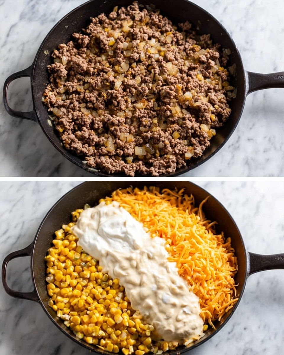A black skillet filled with cooked ground beef mixed with small bits of onion, garlic, and spices, showing a crumbly texture with brown and light pink colors. In the second image, the same skillet has layers added on top of the cooked beef: bright yellow corn kernels on one side, a large dollop of creamy white sour cream, shredded orange cheddar cheese, and a thick light beige creamy sauce with mushroom pieces, all resting on the meat layer. The skillet is on a white marbled surface. Photo taken with an iphone --ar 4:5 --v 7