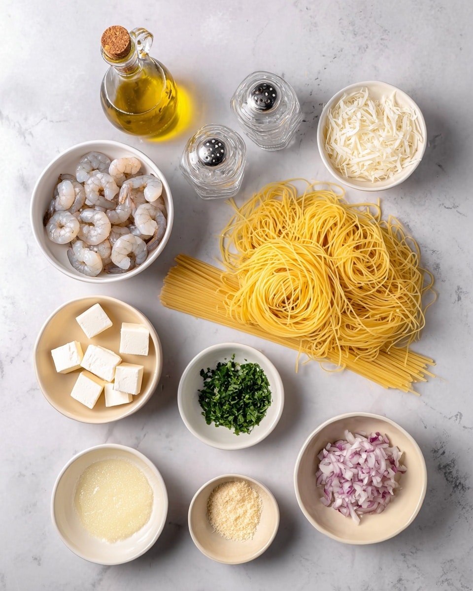 There are ten small white bowls and plates arranged on a white marbled surface. In the center, there is a large pile of uncooked yellow spaghetti strands. At the top left corner, there is a clear glass bottle of golden olive oil with a cork stopper. Next to the oil are two clear glass salt and pepper shakers. To the right, there is a white bowl filled with raw gray shrimp. Below the shrimp, a small white bowl contains chopped green herbs. To the left of the herbs is a pale beige plate holding several white cubes of cream cheese. Below the spaghetti, there is a small white bowl with light yellow vinegar or lemon juice. Above the vinegar, a small gray bowl holds grated ginger. Next to the ginger, a small white bowl contains minced garlic. To the right of the herbs, a pale beige plate holds finely chopped red onions. At the top right, a clear glass bowl contains grated white Parmesan cheese. photo taken with an iphone --ar 4:5 --v 7