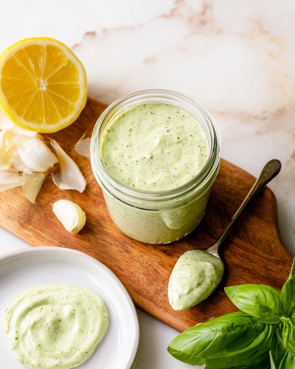 A jar filled with pale green sauce speckled with small green bits is placed on a wooden board. To the left, half a bright yellow lemon and overlapping pieces of white garlic skin sit on a white marbled surface. Below the jar, there is a white plate holding a dollop of the same green sauce, with a spoon resting in it showing smooth, creamy texture. On the right side of the wooden board, fresh green basil leaves add a pop of color. The photo taken with an iphone --ar 4:5 --v 7