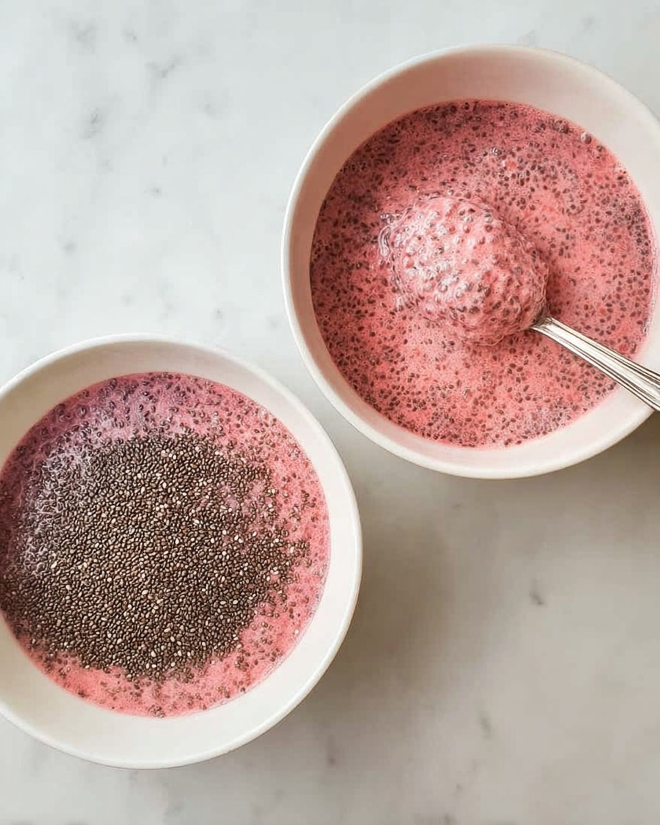 A diptych of two white bowls on a white marbled surface shows a pink liquid mixture with chia seeds; the left bowl has a smooth pink liquid base with dark chia seeds piled on top, creating a textured contrast, while the right bowl shows the same mixture fully soaked and gel-like, with tiny dark chia seeds evenly swollen throughout the pink creamy mixture, and a silver spoon lifting a scoop displaying the bumpy, thick texture, giving a sense of preparation and transformation; photo taken with an iphone --ar 4:5 --v 7