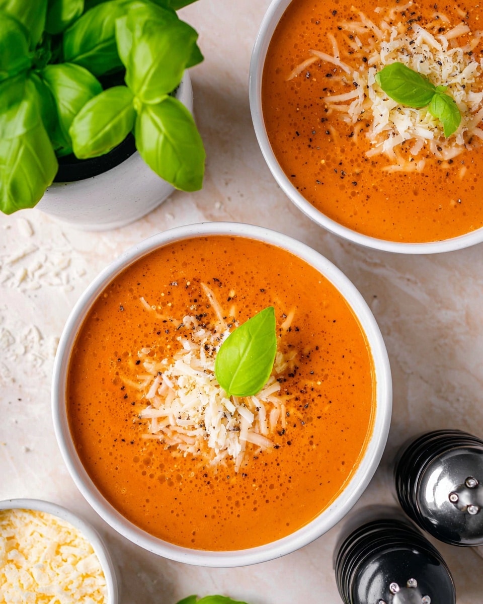 The image shows two white bowls filled with thick, smooth orange tomato soup, each topped with a layer of shredded white cheese and small cracks of black pepper. One bowl has two fresh green basil leaves placed on top near the center, adding a pop of bright color. The bowls sit on a white marbled surface with a pot of vibrant green basil to the left and a small white bowl full of shredded white cheese in the bottom left corner. To the lower right, there are two black and silver pepper and salt grinders. The lighting is natural and bright, making the colors rich and fresh. Photo taken with an iphone --ar 4:5 --v 7