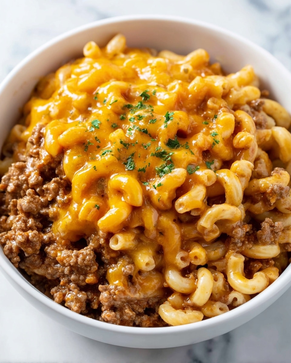 A white bowl is filled with three layers of creamy macaroni and beef mixture. The bottom layer has soft, light orange elbow pasta mixed with brown ground beef. The middle layer is a melted, shiny orange cheese that stretches over the pasta and beef. The top layer has small bits of parsley sprinkled over the cheese, adding a touch of green. The bowl is placed on a white marbled surface, capturing a cozy, warm meal look. photo taken with an iphone --ar 4:5 --v 7
