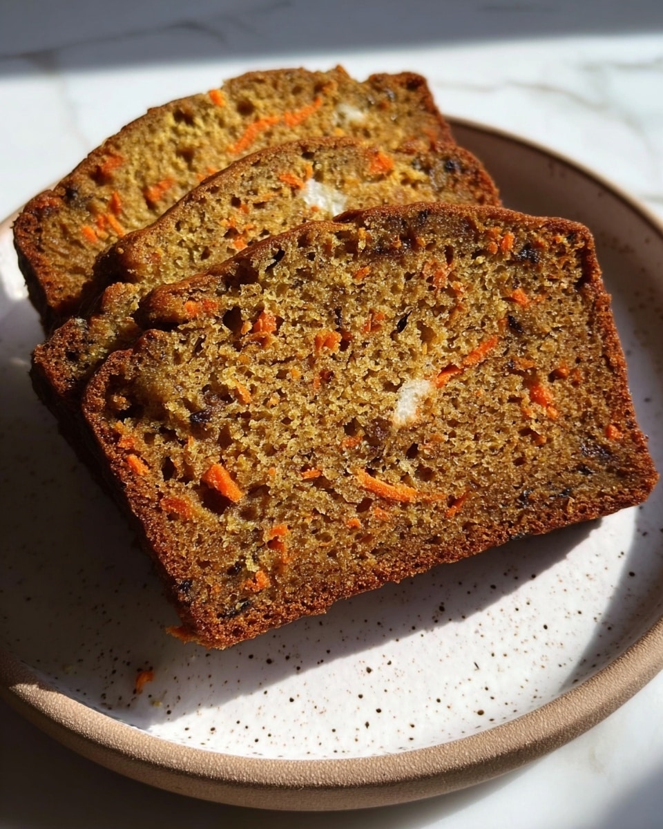 Two slices of moist carrot cake bread with visible small orange carrot bits and dark nut pieces inside, showing a dense, soft texture. The slices have a golden brown crust on the edges and are stacked slightly overlapping on a white speckled plate. The plate is placed on a white marbled surface with natural sunlight casting shadows. Photo taken with an iphone --ar 4:5 --v 7