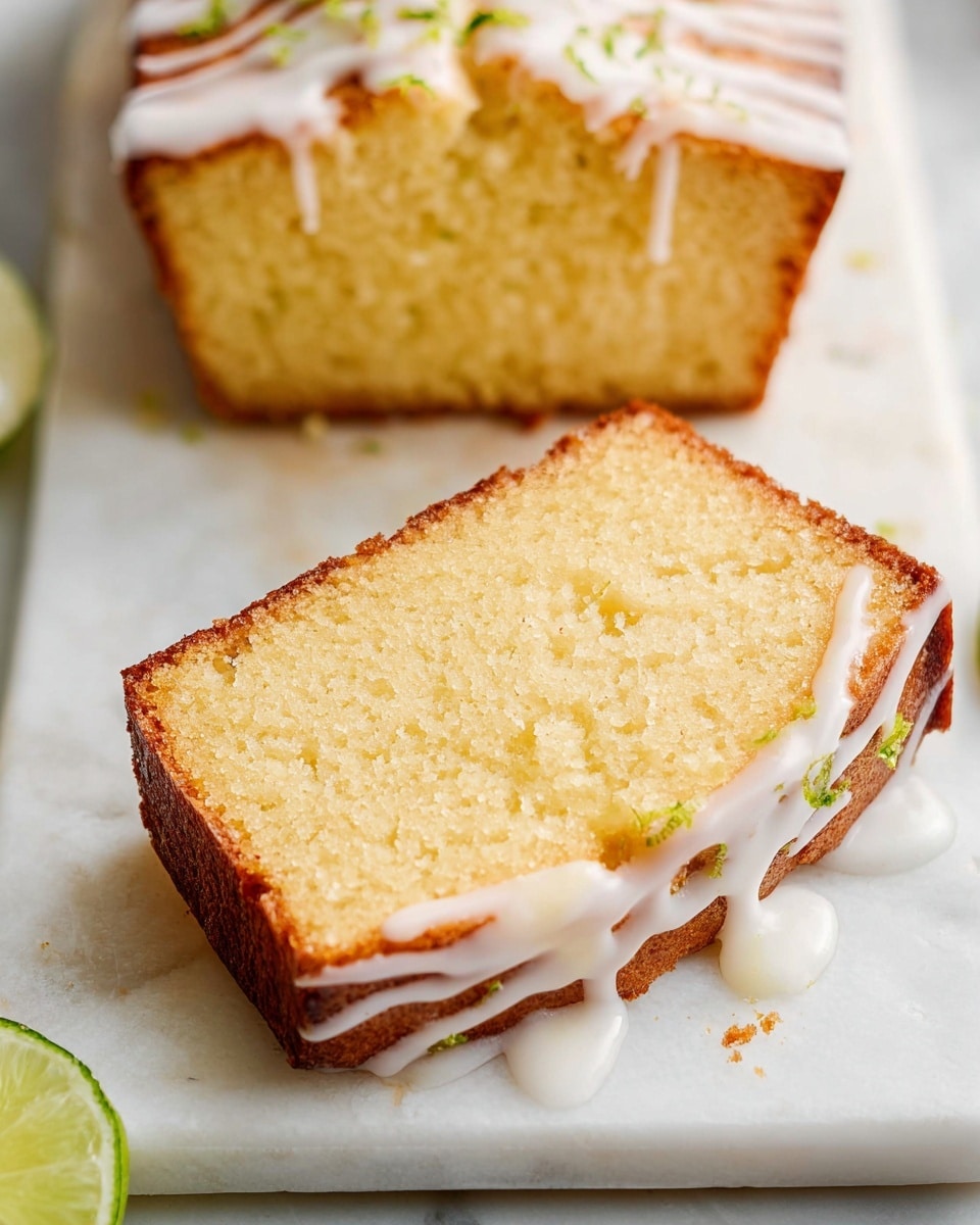 A close-up view of a single thick slice of yellow pound cake with a soft and moist texture, featuring a slightly darker golden-brown crust around the edges. The cake slice is topped with thin white glaze drizzled unevenly over the surface, shining slightly under the light. In the background, part of a larger loaf with a browned top layer covered in more of the white glaze and small green lime zest pieces scattered on top is visible. The slice and loaf sit on a smooth white marbled cutting board placed on a white marbled textured surface. Photo taken with an iphone --ar 4:5 --v 7