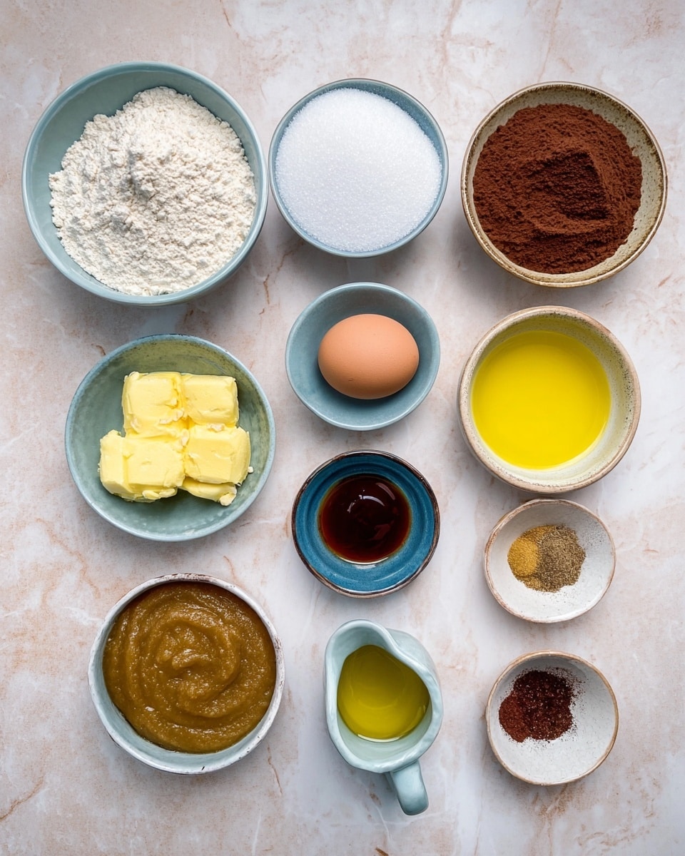 The image shows eleven small bowls and two eggs arranged on a white marbled surface. The largest bowls hold white flour, brown sugar, and white granulated sugar, all placed in the top row from left to right. Below them are smaller bowls containing a yellow butter pat, chocolate spread, raw eggs, a cup of golden liquid, and a light yellow oil. There is also a blue cup with a handle holding light brown applesauce or puree. Additionally, two tiny bowls contain ground spices and a dark brown liquid, placed near the butter and eggs. The items are neatly spaced and seen from above, creating a clear view of each ingredient's color and texture. Photo taken with an iphone --ar 4:5 --v 7