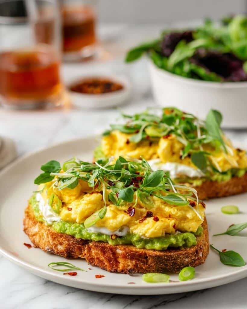 Hashbrown Avocado Toast with Soft Scrambled Eggs and Toppings Recipe