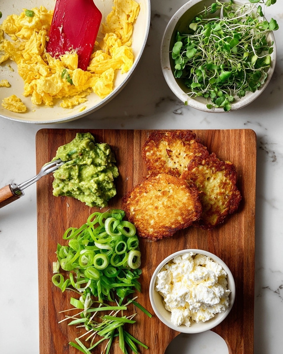 A wooden cutting board holds three main layers: on the left, mashed green avocado with a fork resting on it, slightly chunky in texture; next to it, thinly sliced bright green scallions with a bit of white part visible; on the right, two golden brown, crispy hash browns stacked slightly overlapping. Above the cutting board, there is a white pan with scrambled eggs, yellow with some white and small black pepper dots, and a red spatula inside. To the right of the pan, a white bowl filled with cottage cheese, lumpy and white with a spoon inside, and above it a smaller white bowl with fresh green microgreens. The background is a white marbled surface. Photo taken with an iphone --ar 4:5 --v 7