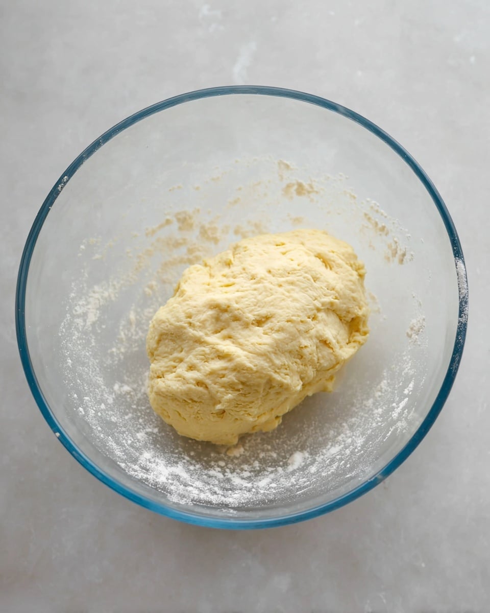 A glass bowl sits on a white marbled surface, holding a single lump of pale yellow dough with a soft, slightly bumpy texture. The dough is shaped into a rough oval form and looks moist but not sticky, with some flour dust scattered lightly inside the bowl around it. The clear bowl shows the dough from all sides, giving a clean and simple view. photo taken with an iphone --ar 4:5 --v 7