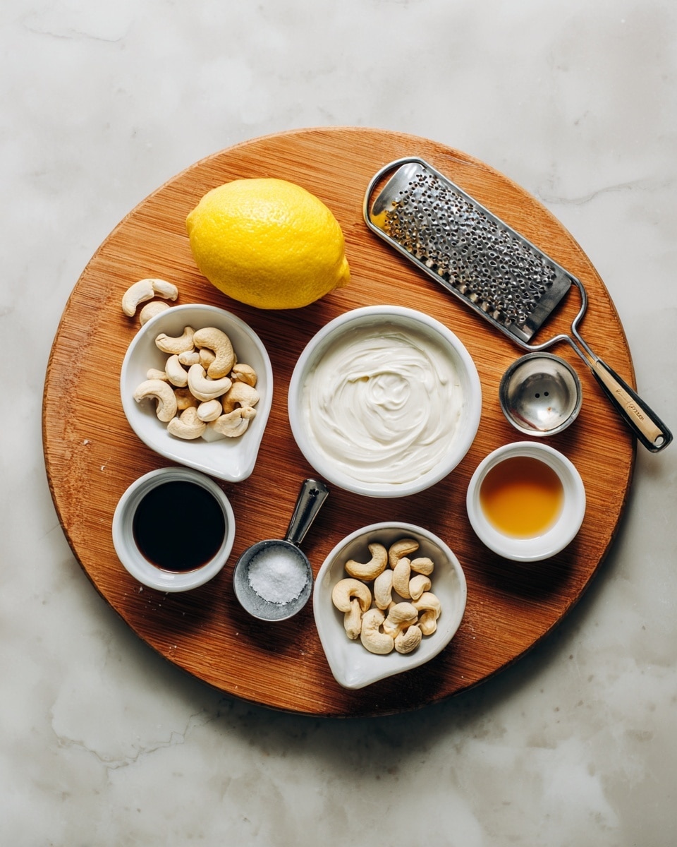 A round wooden board holds several small white bowls and cups arranged neatly on a white marbled surface. There is a bright yellow lemon next to a metal flat grater with a dark handle. One bowl is filled with a thick white creamy substance with a textured swirl on top. A metal measuring cup contains light beige cashews. Another small bowl has dark liquid, and close to it is a tiny black spoon with coarse white salt. Two more bowls contain light clear and amber-colored liquids. The scene is simple and bright, focusing on the natural colors and textures of each ingredient. Photo taken with an iphone --ar 4:5 --v 7