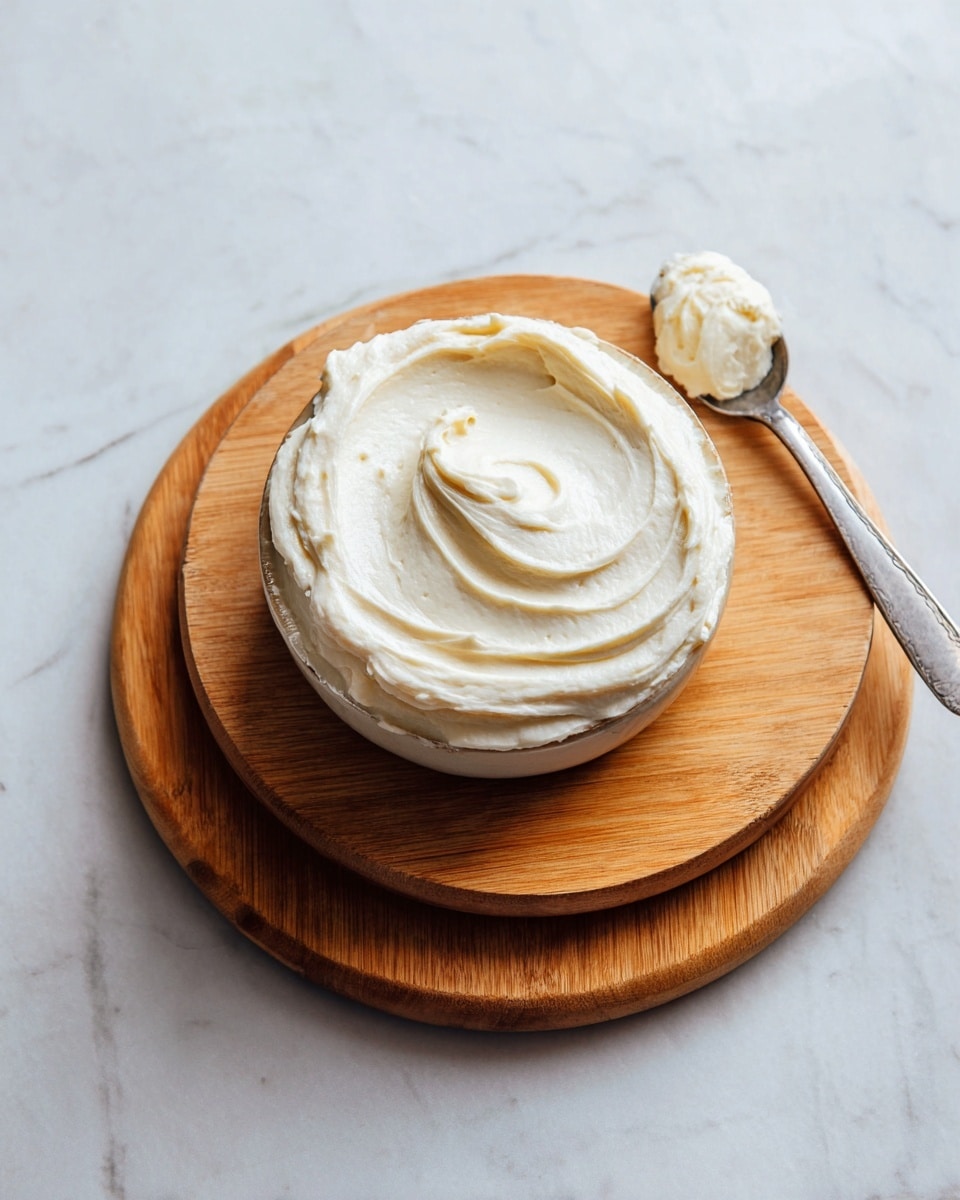 A single round white bowl filled with a thick, smooth, creamy white spread, with swirls and soft peaks on the top surface. The bowl sits on two round wooden cutting boards, one smaller and lighter on top of a larger, darker one. To the right of the bowl, a silver spoon rests on the boards, holding a small scoop of the same creamy white spread. The background is a white marbled texture with subtle grey veins. photo taken with an iphone --ar 4:5 --v 7
