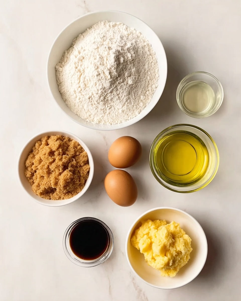The image shows six white bowls and a small glass cup on a white marbled surface. The largest white bowl at the top holds white flour with a powdery, soft texture. Below it to the right is a clear glass container filled with a light yellow oil. To the left of the oil is a white bowl filled with brown sugar, showing a crumbly texture. Next to the brown sugar, a white bowl holds two brown eggs with smooth, shiny shells. Below the eggs, a small white bowl contains a mashed yellow ingredient with a soft, uneven texture. To the left of that mash, a small glass cup is filled with a dark brown liquid, and next to it another small white bowl holds a pale yellow liquid. The arrangement is neat with each bowl spaced evenly. photo taken with an iphone --ar 4:5 --v 7