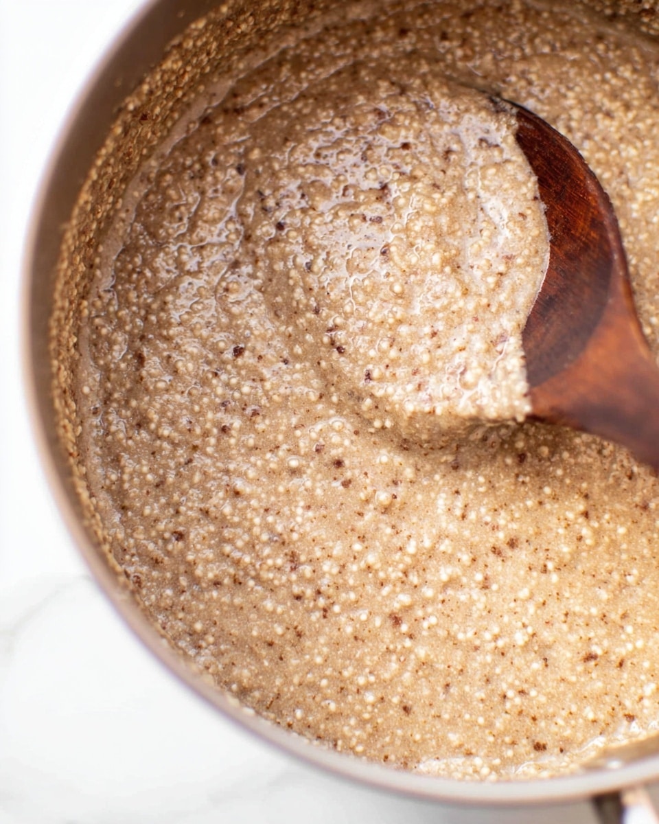 The image shows a close-up top view of a thick, creamy mixture with small round grains, light brown in color with visible specks of darker brown. The mixture fills a pot with edges visible near the top, and a wooden spoon is partially submerged on the right side, coated with the same textured mixture. The background is a white marbled surface. photo taken with an iphone --ar 4:5 --v 7