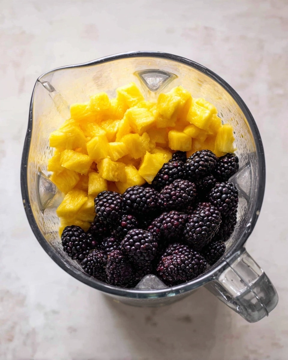 A clear glass blender pitcher sits on a white marbled surface, filled with two main layers of fruit. The bottom layer consists of plump, shiny blackberries that are deep purple and nearly black, with a textured, bumpy surface. On top of the blackberries is the second layer of bright yellow diced pineapple pieces, which look juicy and slightly wet, with a rough, irregular texture. The colors contrast sharply, with the dark berries at the bottom and the vibrant yellow pineapple on top. Photo taken with an iphone --ar 4:5 --v 7
