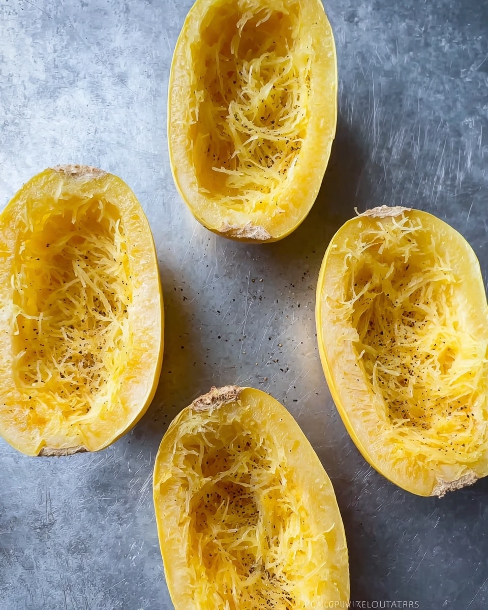 The image shows four halves of a yellow spaghetti squash placed on a scratched silver metal surface, each cut lengthwise with the seeds and fibrous strands mostly removed but still visible inside. The squash flesh is pale yellow and soft with thin fibrous strands in the center of each half, and there are small specks of black pepper sprinkled on all four pieces. The edges of the squash are smooth and slightly uneven from cutting, and the lighting highlights the moist texture inside each piece. photo taken with an iphone --ar 4:5 --v 7