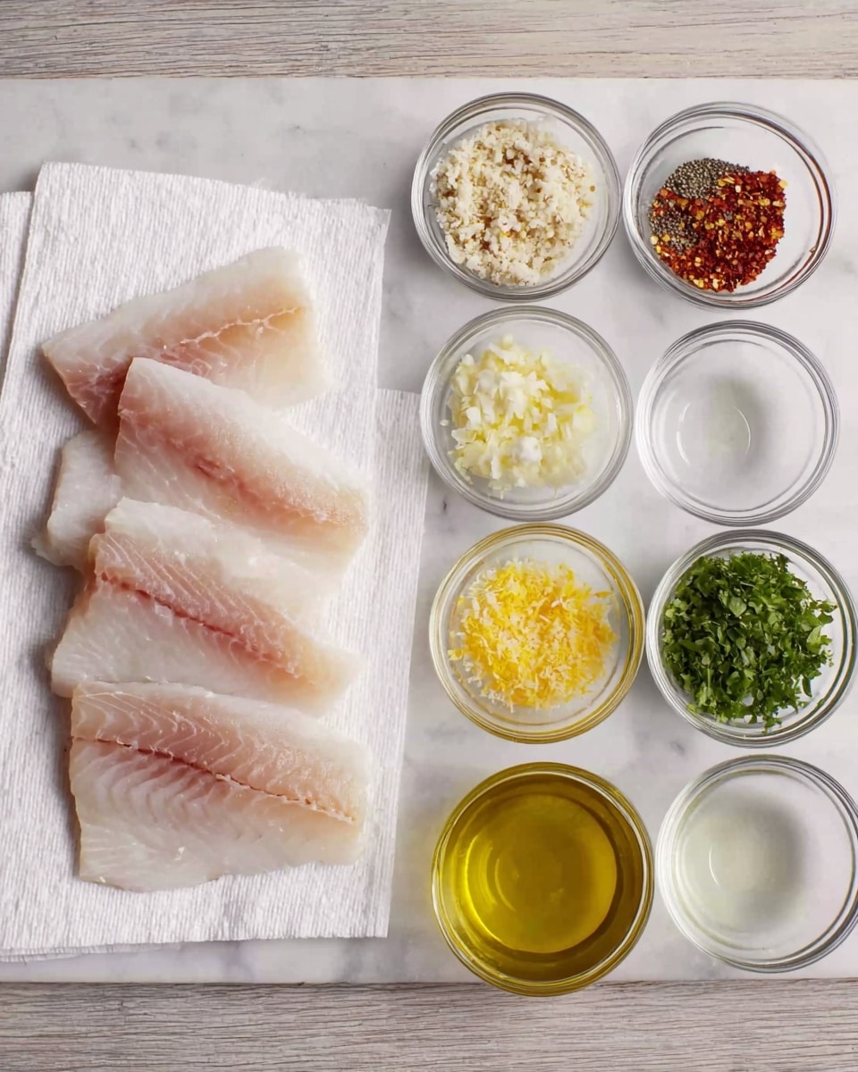 The image shows four pieces of raw white fish fillets with a light pink tint placed on a white paper towel on the left side, on a white marbled surface. To the right of the fish, there are eight small clear glass bowls arranged in two vertical columns. The top left bowl has a crumbly white substance, the second bowl contains red, black, and white spices, the third bowl has chopped garlic, and the bottom left bowl contains a clear liquid. The top right bowl has a white chopped ingredient, below it is a bowl with finely grated yellow zest, followed by chopped green herbs, and the bottom right bowl has a golden-yellow liquid, likely oil. The overall display is neat and organized, showing the ingredients for a recipe photo taken with an iphone --ar 4:5 --v 7