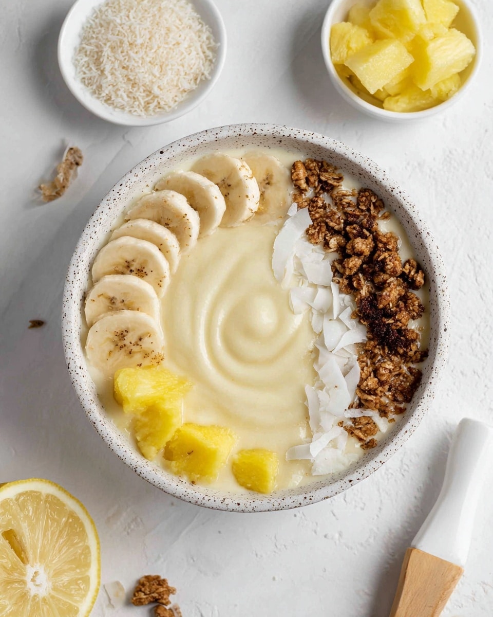 A white speckled bowl sits on a white marbled surface, filled with a creamy pale yellow smooth base swirled in the center. On top, four distinct topping sections are arranged in a semi-circle: thin, evenly sliced bananas with light brown specks on the left, chunky bright yellow pineapple pieces below, white coconut flakes next to the banana slices, and a cluster of dark brown granola with a rough texture on the right. Nearby, a small white bowl of coconut flakes and another white bowl with pineapple chunks are visible, along with a halved lemon and a white handled utensil with a wooden end. The photo taken with an iphone --ar 4:5 --v 7