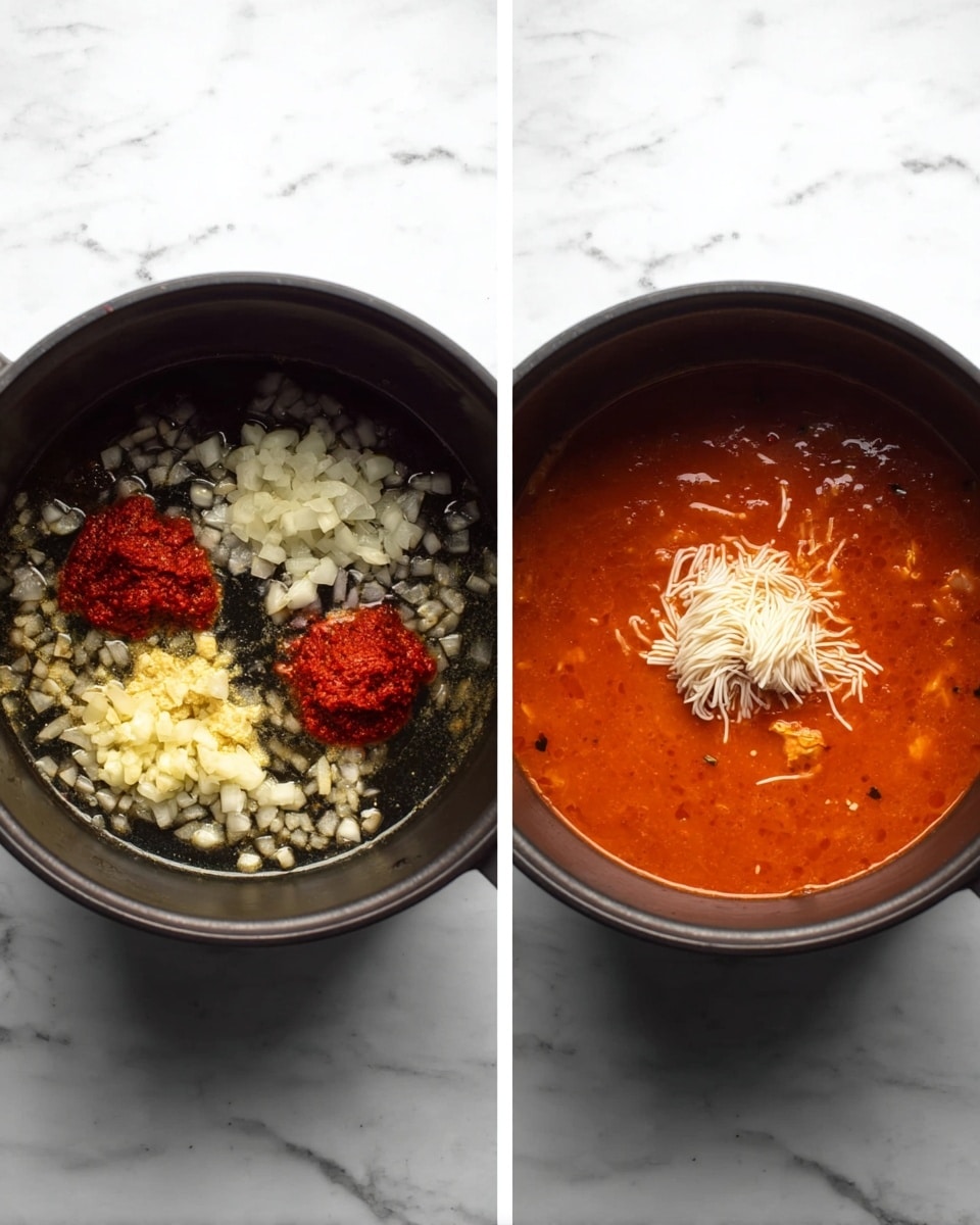 Two images side by side showing a cooking process inside a black pot on a white marbled surface. The left image shows the bottom of the pot with small chopped white onions, minced light yellow garlic, and two dollops of red paste piled near the center. The right image shows the same pot now filled with a smooth, thick red-orange liquid, with two small clusters of thin white noodles sitting on top. Both images focus closely on the pot's contents. photo taken with an iphone --ar 4:5 --v 7