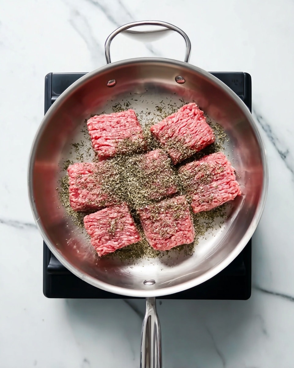 In a silver metal pan with two handles, there is one layer of raw ground meat, pink to red in color, shaped into several small rectangular blocks placed closely together in the center. On top of the meat, there is a light sprinkling of green dried herbs and black pepper giving a textured look. The pan is placed on a black stovetop, and the whole scene sits on a white marbled surface. photo taken with an iphone --ar 4:5 --v 7