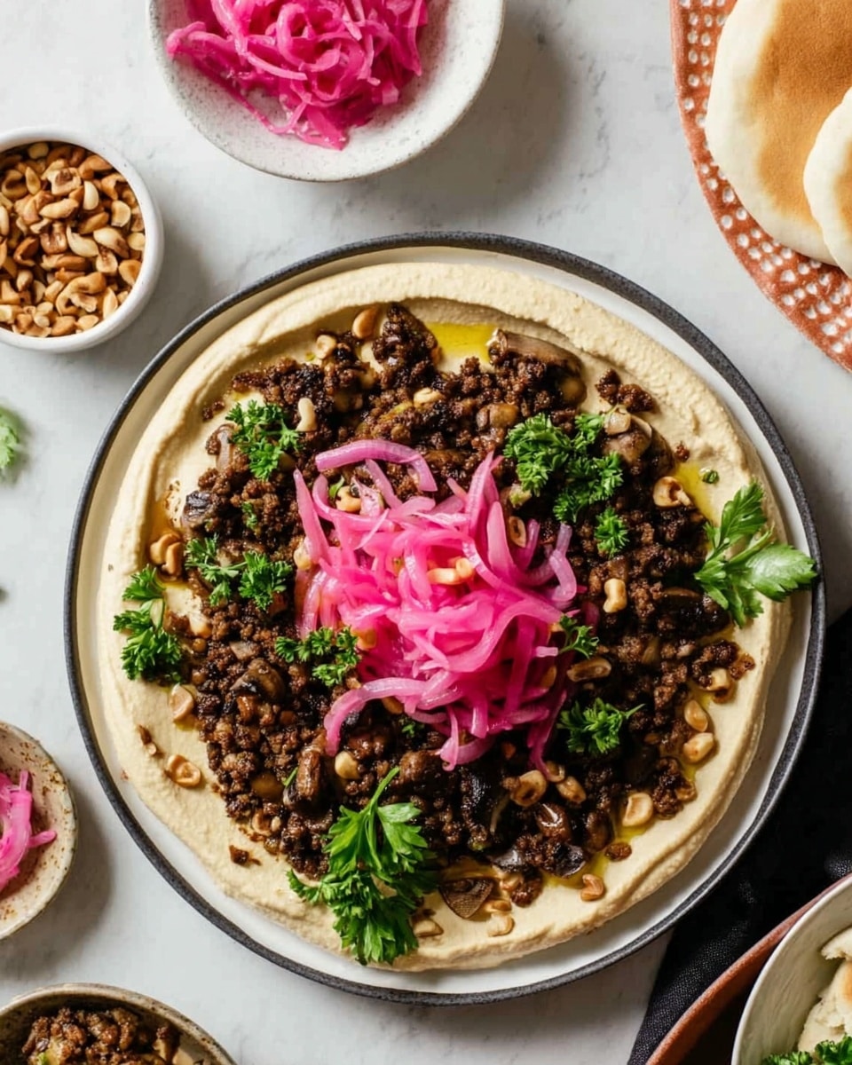 A white plate with a creamy beige hummus base spread evenly on the bottom layer, topped with a layer of dark brown cooked ground meat mixed with small mushrooms and scattered toasted pine nuts. On top of the meat, there is a pile of thinly sliced bright pink pickled onions garnished with fresh green parsley leaves. The plate is placed on a white marbled surface with small dishes around it, including a white bowl with pink pickled onions, a white dish with toasted pine nuts, and a white bowl holding folded pita bread. A woman's hand is reaching toward the pita bread. The overall presentation is colorful yet simple with natural, fresh textures. Photo taken with an iphone --ar 4:5 --v 7