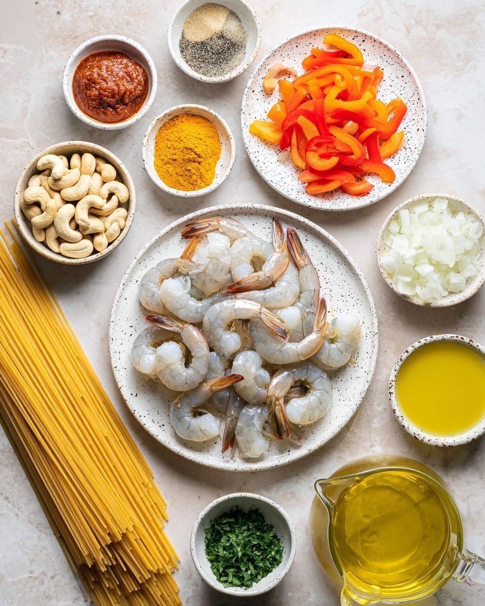 The image shows many uncooked shrimp with shells on their tails arranged on a speckled white round plate in the center. To the top right, there is a white round plate holding bright orange bell pepper strips and diced white onions. Above the shrimp plate is a small speckled white bowl holding different dry spices in separate piles of pale yellow, green, red, white, and black. To the left is a stack of uncooked spaghetti on the white marbled surface. Around the shrimp plate, there are several small bowls containing various ingredients: a bowl of cashew nuts, a small scalloped bowl with thick red paste, a bowl of yellow powder, a bowl of chopped green herbs, and two bowls of yellow-green oils. There is also a clear small jug filled with light yellow liquid near the right side. All items are arranged neatly on a white marbled surface in a well-lit setting. Photo taken with an iphone --ar 4:5 --v 7