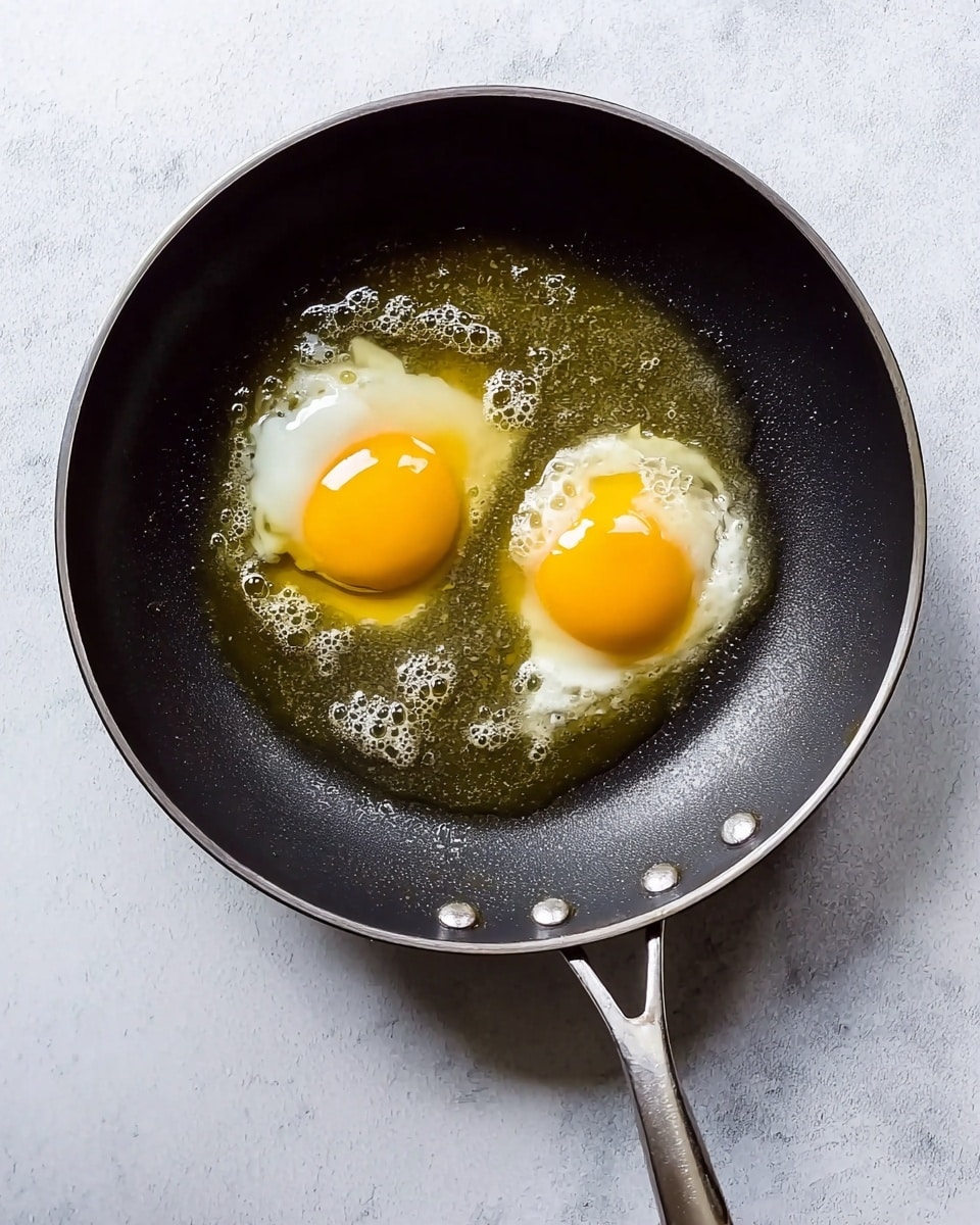 A black frying pan with a silver handle holds two raw eggs with bright yellow yolks and clear whites that are beginning to spread. The pan sits on a white marbled surface that gives a clean, simple background. The light reflects softly on the smooth egg yolks and the slightly bubbling oil around them, adding a subtle shine to the scene. The frying pan has a non-stick clean texture inside, contrasting with the white marbled background. photo taken with an iphone --ar 4:5 --v 7