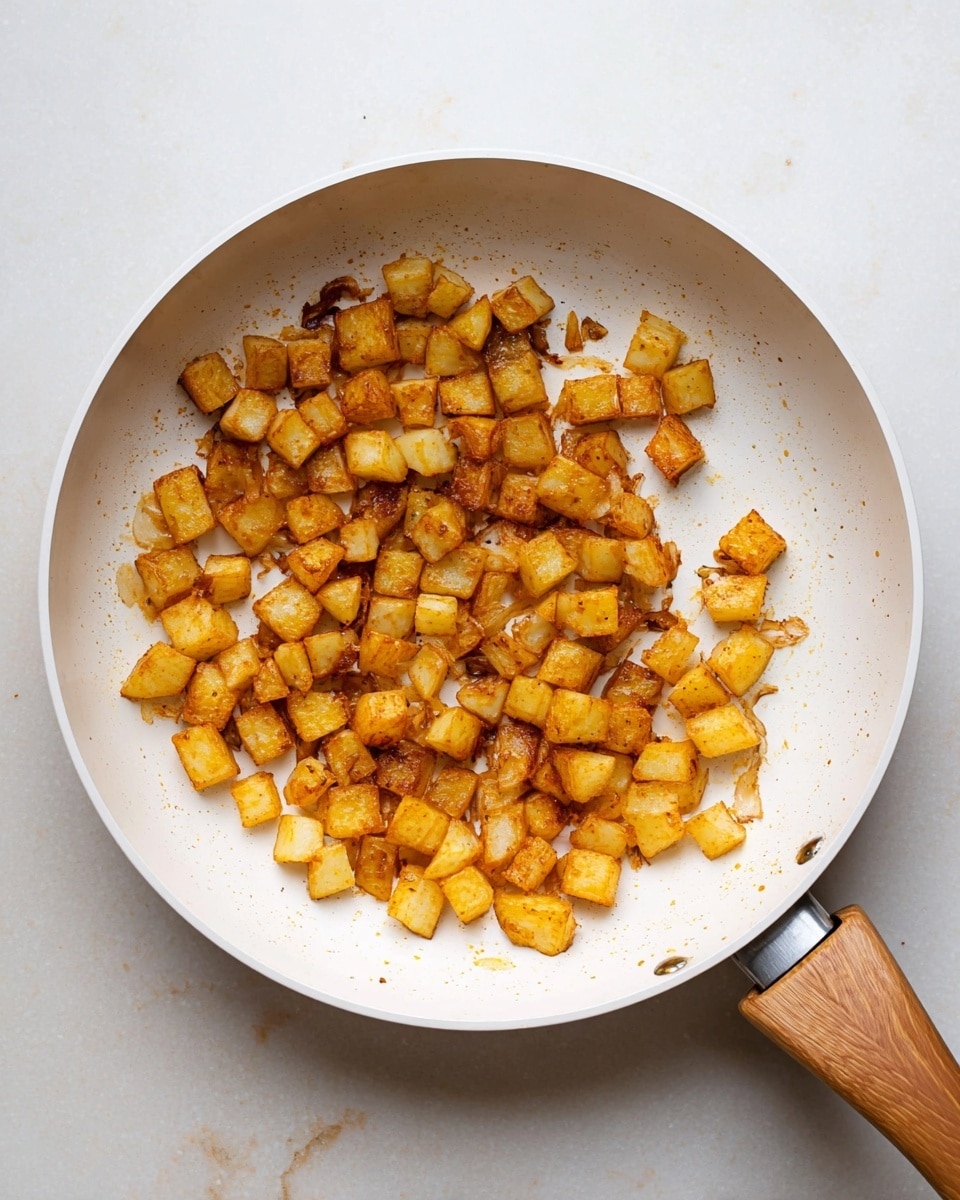 A white frying pan with a wooden handle holds a single layer of small, golden-brown cooked potato cubes, some with slightly darker, crispy edges. The cubes are spread unevenly across the pan's white interior, showing a mix of warm yellow and light brown colors with a textured, cooked surface. The pan is on a white marbled surface, adding a clean and soft contrast to the warm tones of the potatoes. photo taken with an iphone --ar 4:5 --v 7