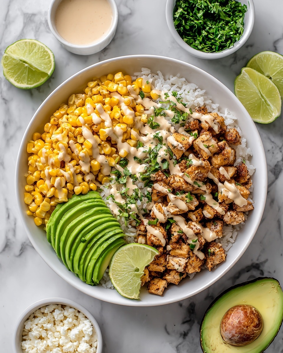 A white bowl on a white marbled surface holds a layered dish starting with a base of white rice, topped with a generous layer of bright yellow corn kernels, and small, browned pieces of seasoned chicken scattered evenly on top. A light drizzle of creamy sauce covers parts of the chicken and corn. On one side of the bowl, there are three slices of fresh green avocado in a fan shape, and on the opposite side, two thin lime wedges rest on the corn. Small bits of white cheese and chopped green herbs are sprinkled over the dish. Around the bowl, there is half a ripe avocado, a small white bowl of chopped green herbs, a small white bowl with sauce, several lime wedges, a small white bowl of corn kernels, and a small white bowl of white cheese crumbles. Photo taken with an iphone --ar 4:5 --v 7