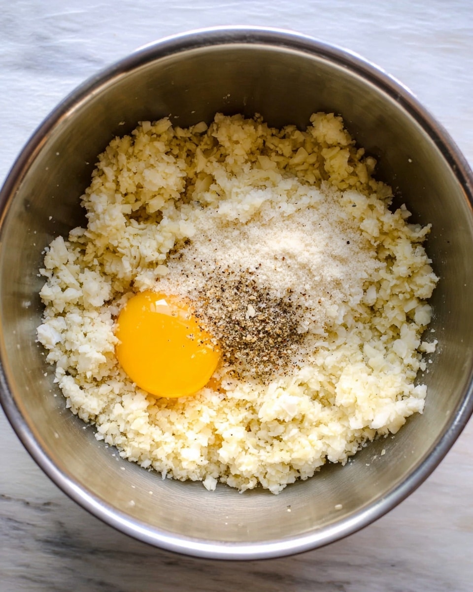 A shiny silver mixing bowl holds four main layers inside, placed on a white marbled surface. The bottom and majority layer is a rough white grainy texture of cauliflower rice, finely grated and forming a small mound almost filling the bowl. On the left side, there is a bright yellow egg yolk, smooth and round, nestled against the cauliflower rice. On top of the cauliflower, a mix of black pepper and salt is sprinkled, adding a darker contrast with small black and white specks. The overall look is simple and rustic, showing ingredients ready to be mixed photo taken with an iphone --ar 4:5 --v 7