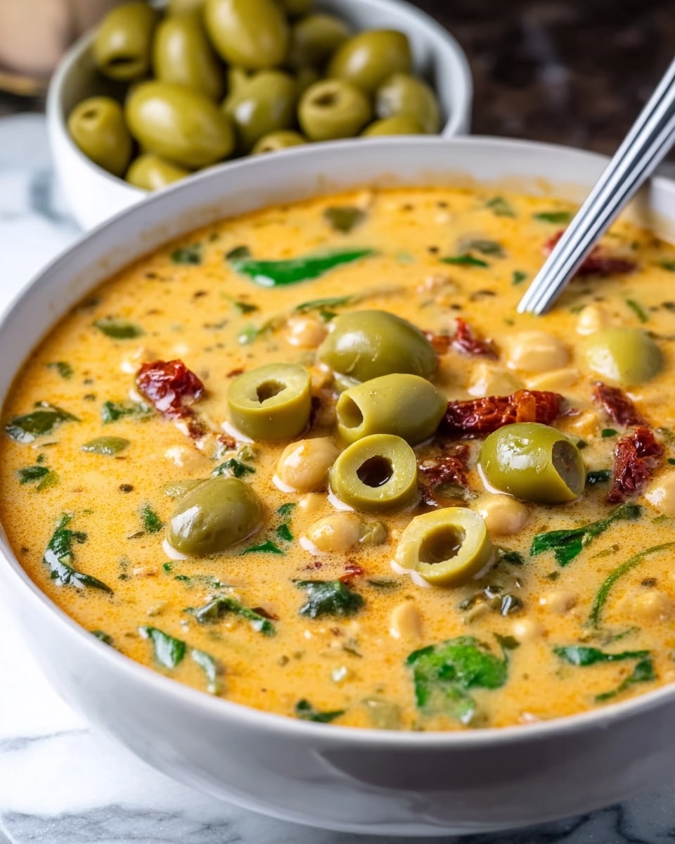 A white bowl filled with a creamy orange soup that has visible layers of green olive slices, chickpeas, small bits of spinach, and pieces of sun-dried tomatoes, giving a mixed texture with soft and smooth elements. The green olives are scattered on the top, with some whole and some sliced to show their pits, adding a shiny, moist look. The soup base is thick and creamy with specks of herbs throughout. There is a silver spoon partially dipped into the soup, resting on the right side of the bowl. A smaller white bowl filled with whole green olives sits blurred in the background on a white marbled surface. photo taken with an iphone --ar 4:5 --v 7