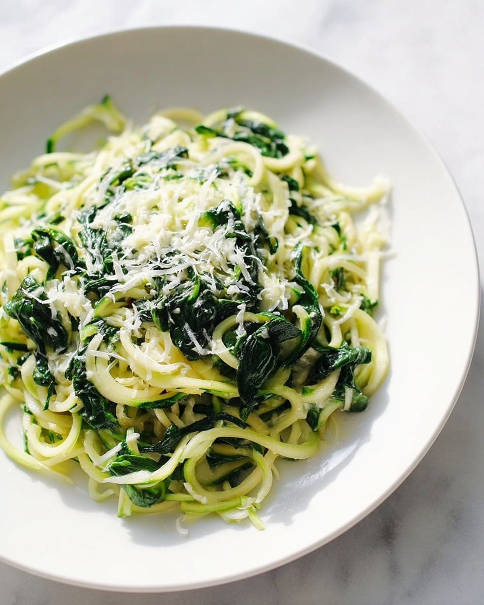 A close-up of a plate of spiralized zucchini noodles topped with cooked dark green spinach leaves mixed in, sprinkled with finely grated white cheese on top. The noodles are pale green and twisted, the spinach adds a textured leafy layer with deep green color, and the cheese adds a light, powdery contrast spread unevenly across the top. The dish sits in a simple white plate on a white marbled surface, with bright natural light highlighting the freshness of the ingredients photo taken with an iphone --ar 4:5 --v 7