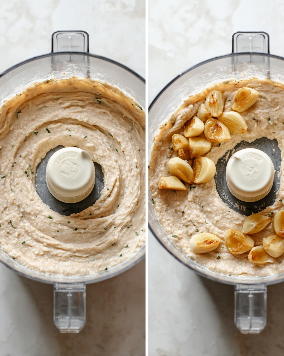 The images show a clear food processor bowl on a white marbled surface, filled with a creamy, light beige mixture that has small green flecks scattered throughout. The left image shows the mixture evenly spread with a swirl pattern around the center blade. In the right image, the same creamy beige mixture is topped with several cloves of golden-brown roasted garlic, resting on the surface near the central blade. Photo taken with an iphone --ar 4:5 --v 7