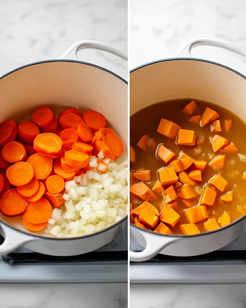 The image shows two white pots on a stove, both filled with cooking ingredients. The left pot contains two layers: on the left side, there are bright orange carrot slices with a smooth texture, and on the right side, there are small white onion pieces with a slightly translucent texture. The right pot shows a single layer of cubed orange sweet potatoes and some carrot slices floating in a light brown liquid, possibly broth, with a clear and shiny surface. Both pots are set against a white marbled surface background. photo taken with an iphone --ar 4:5 --v 7