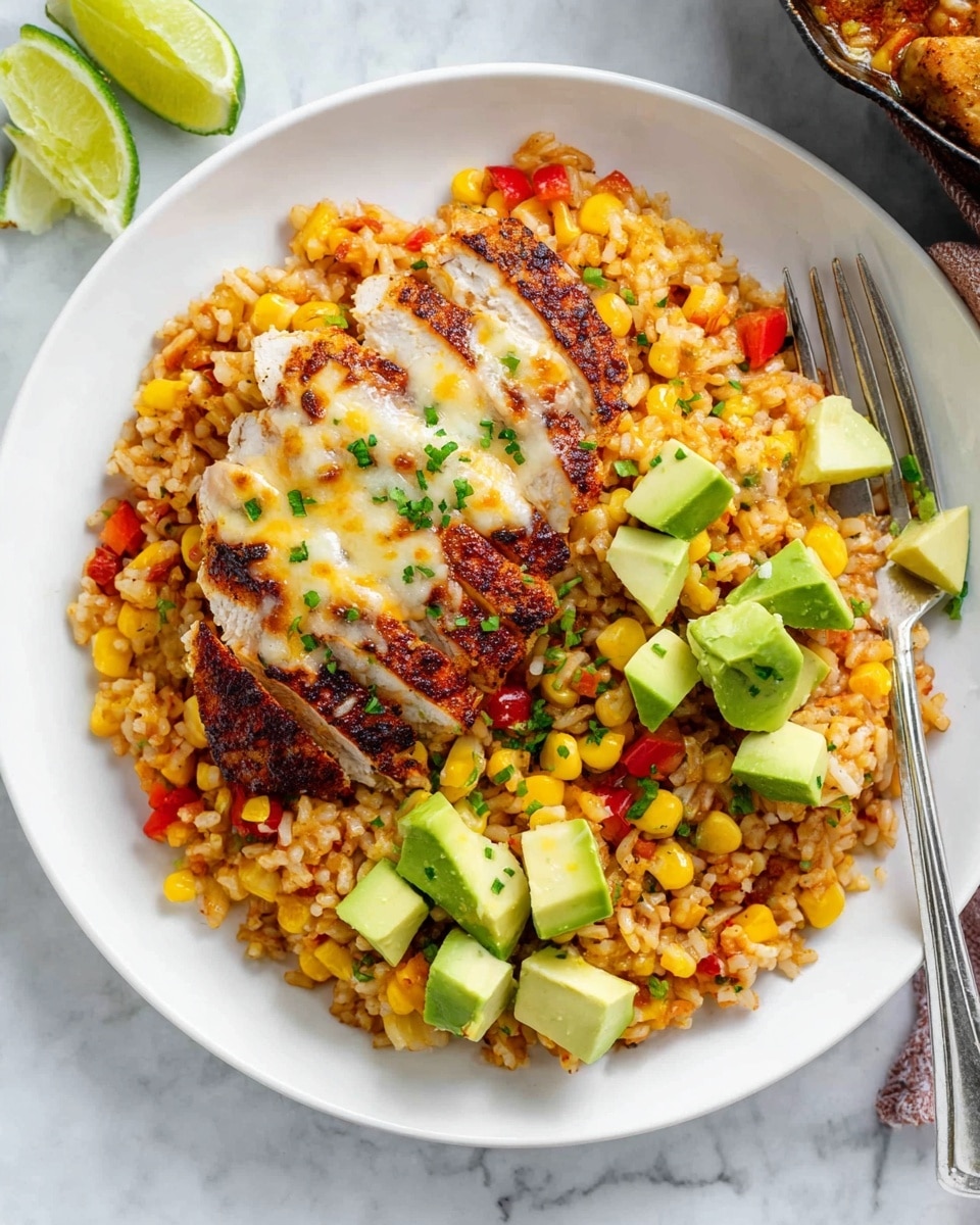 A white plate holds a layered dish starting with a base of cooked rice mixed with corn kernels and small red bell pepper pieces, creating a colorful mix of yellow, orange, and red with a soft texture. On top, there is a grilled chicken piece, sliced into three thick strips, showing a golden brown, slightly crispy outer layer and a tender white inside. The chicken is topped with melted cheese and sprinkled with small chopped green herbs. Next to the chicken and rice, there are several small cubes of fresh green avocado scattered on the dish. Two lime wedges with a bright green outside and juicy light green inside sit on the side of the plate. The whole plate rests on a white marbled surface, and a silver fork is placed partly on the rice. Photo taken with an iphone --ar 4:5 --v 7