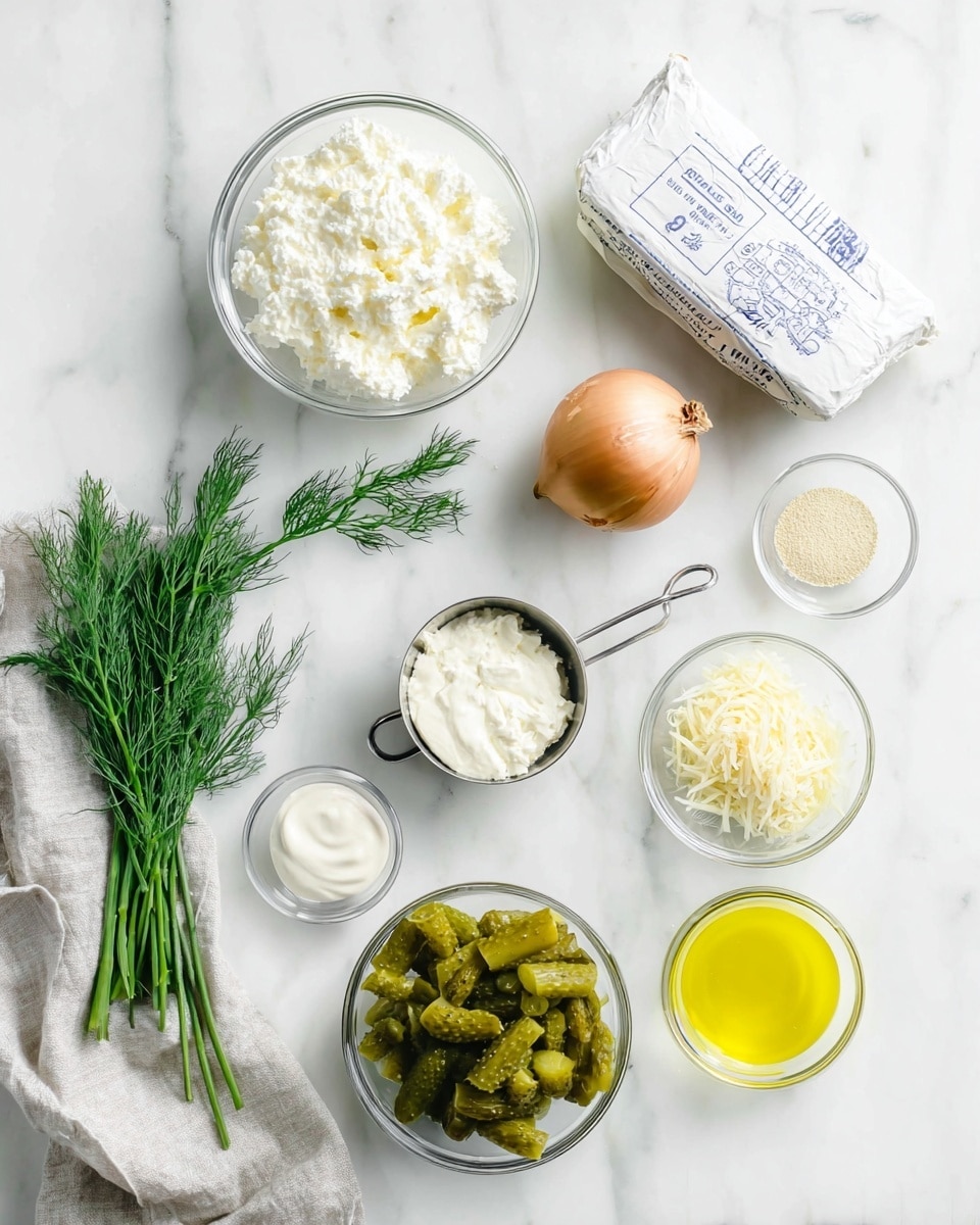 The image shows several ingredients arranged neatly on a white marbled surface. At the top left is a clear glass bowl filled with smooth, white cream cheese. To its right, there is a rectangular block of cream cheese wrapped in white foil with blue writing. Below this, a metal 1/2 cup measuring cup holds finely grated white cheese. Near the center is a small, round light brown shallot. Next to it on the right is a small clear bowl filled with a pale yellow powder. Below, on the left, there’s a small clear bowl with a white creamy dressing, and next to it, a smaller clear bowl containing a yellow oil. At the bottom center is a clear bowl full of chopped green pickles. Fresh green herbs, including dill and chives, are placed at the lower left corner. A light gray fabric is casually laid on the left side of the surface. photo taken with an iphone --ar 4:5 --v 7