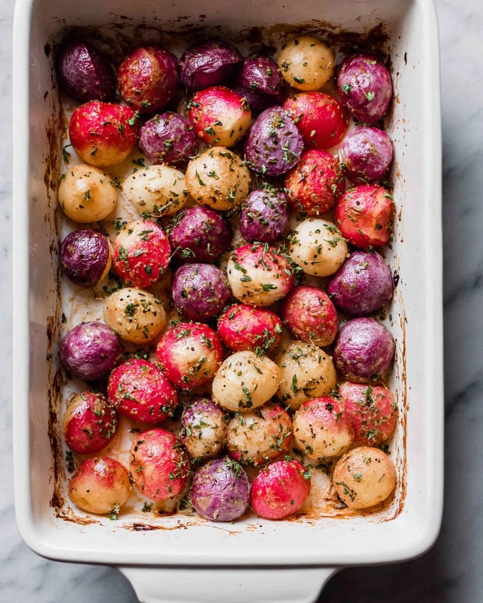 A white rectangular baking dish filled with one layer of small, colorful roasted radishes in shades of red, purple, white, and light brown. The radishes are halved and sprinkled evenly with dried green herbs. The background surface is white marble, seen at the edges behind the dish. The radishes have a slightly crispy texture with some spots that look golden brown from roasting. Photo taken with an iphone --ar 4:5 --v 7